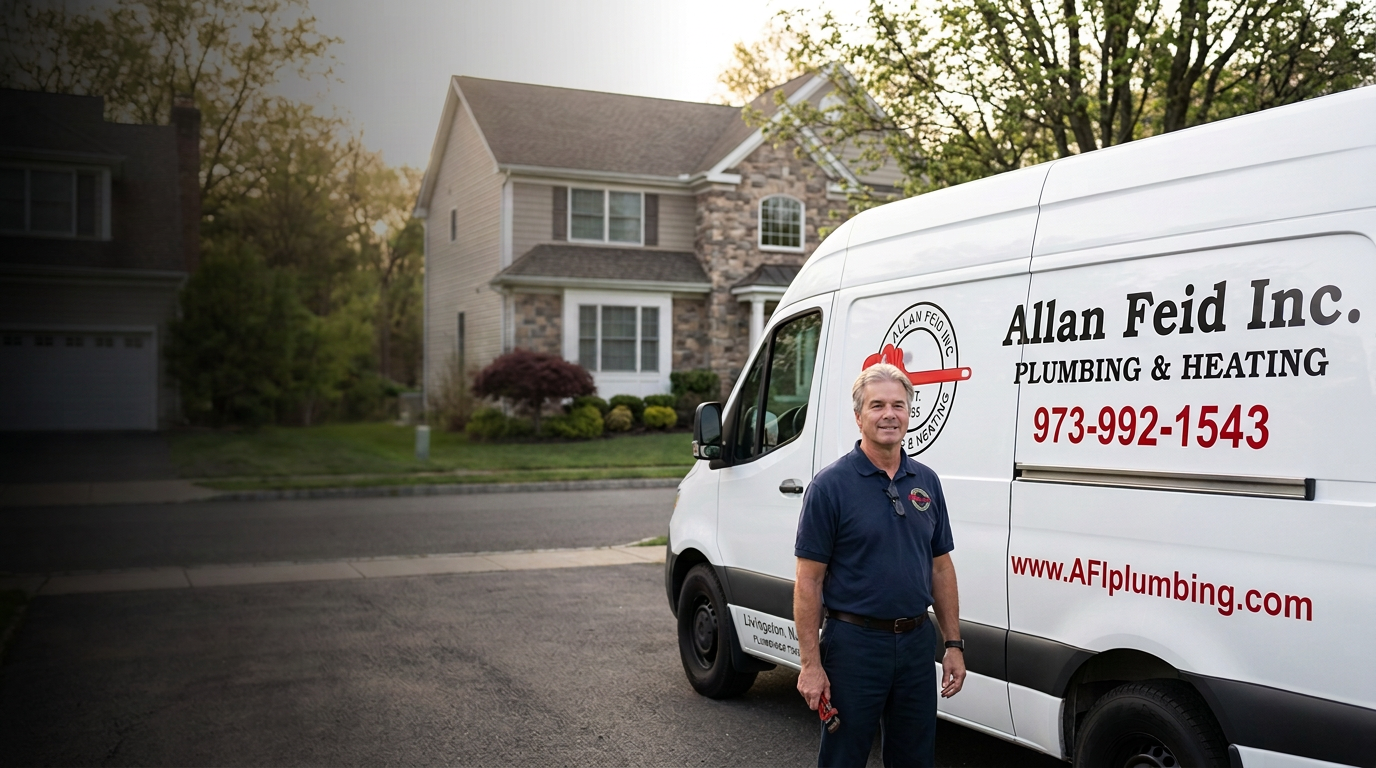 Allan beside an Allan Feid Inc. plumbing service truck in Livingston, New Jersey