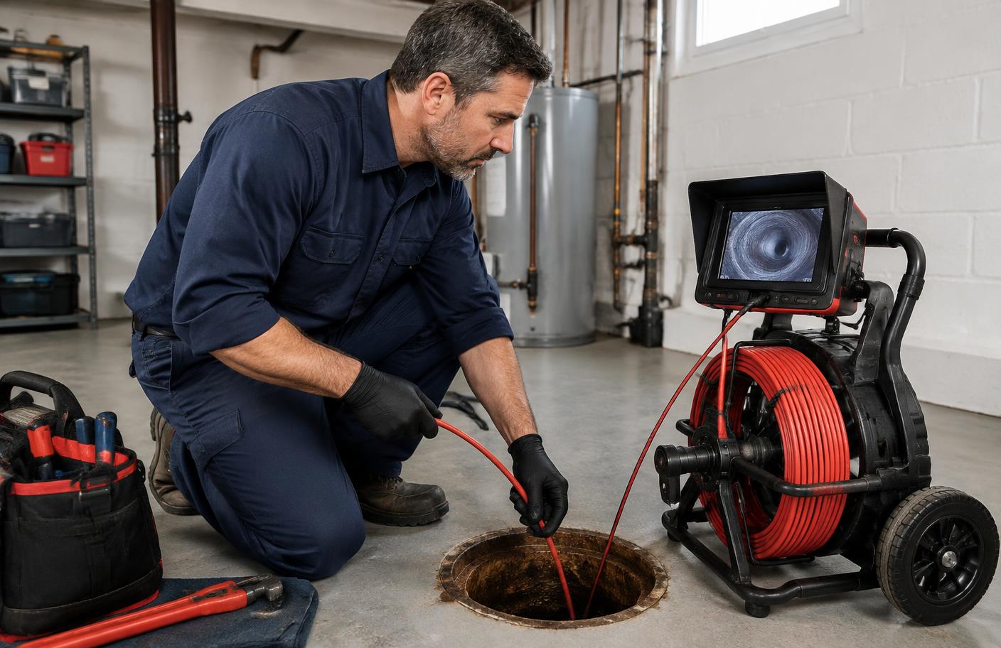 Plumber inspecting a drain with pipeline camera equipment