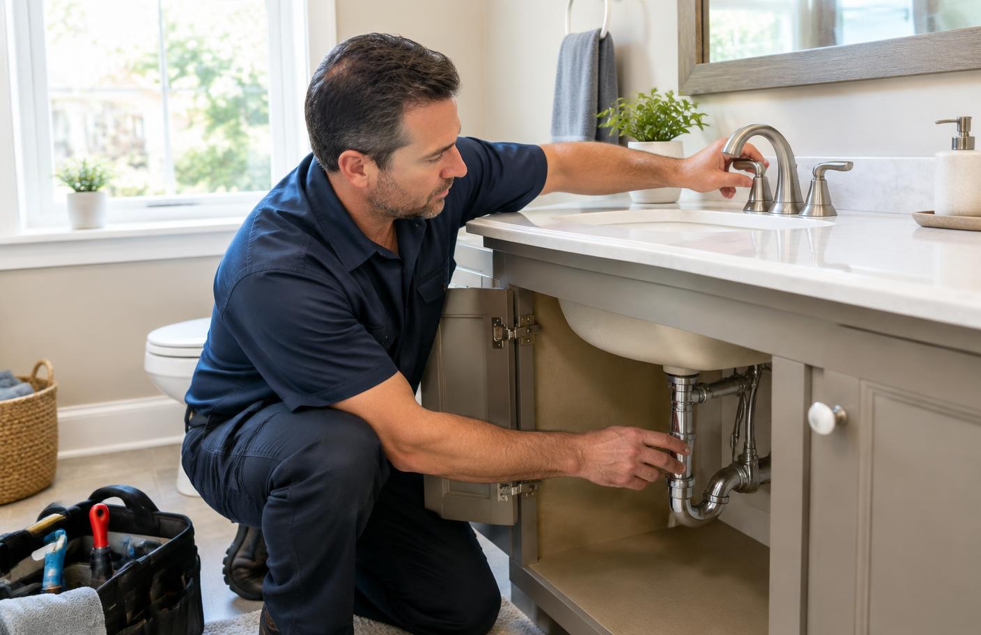 Plumber installing and inspecting bathroom sink fixtures